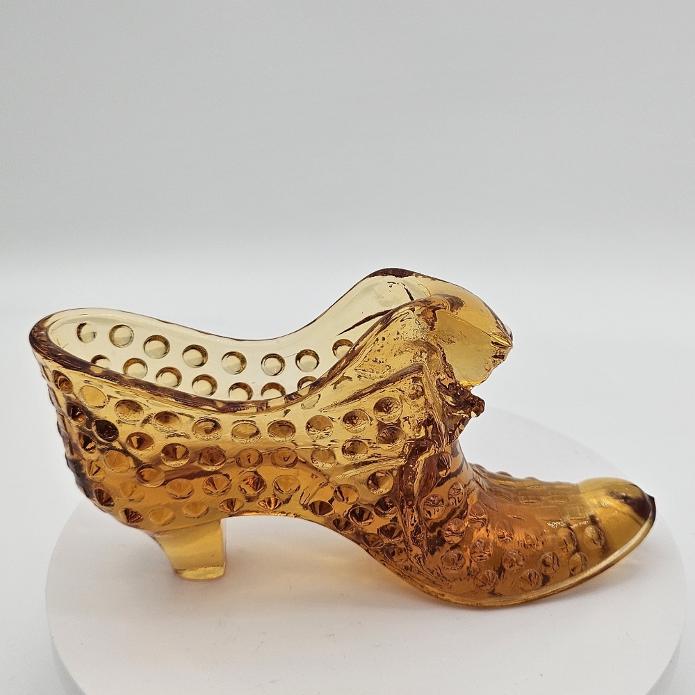 Vintage Fenton Hobnail Cat Head Amber Glass Shoe Boot Slipper